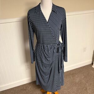 Nine West Navy and White Striped Wrap Dress
